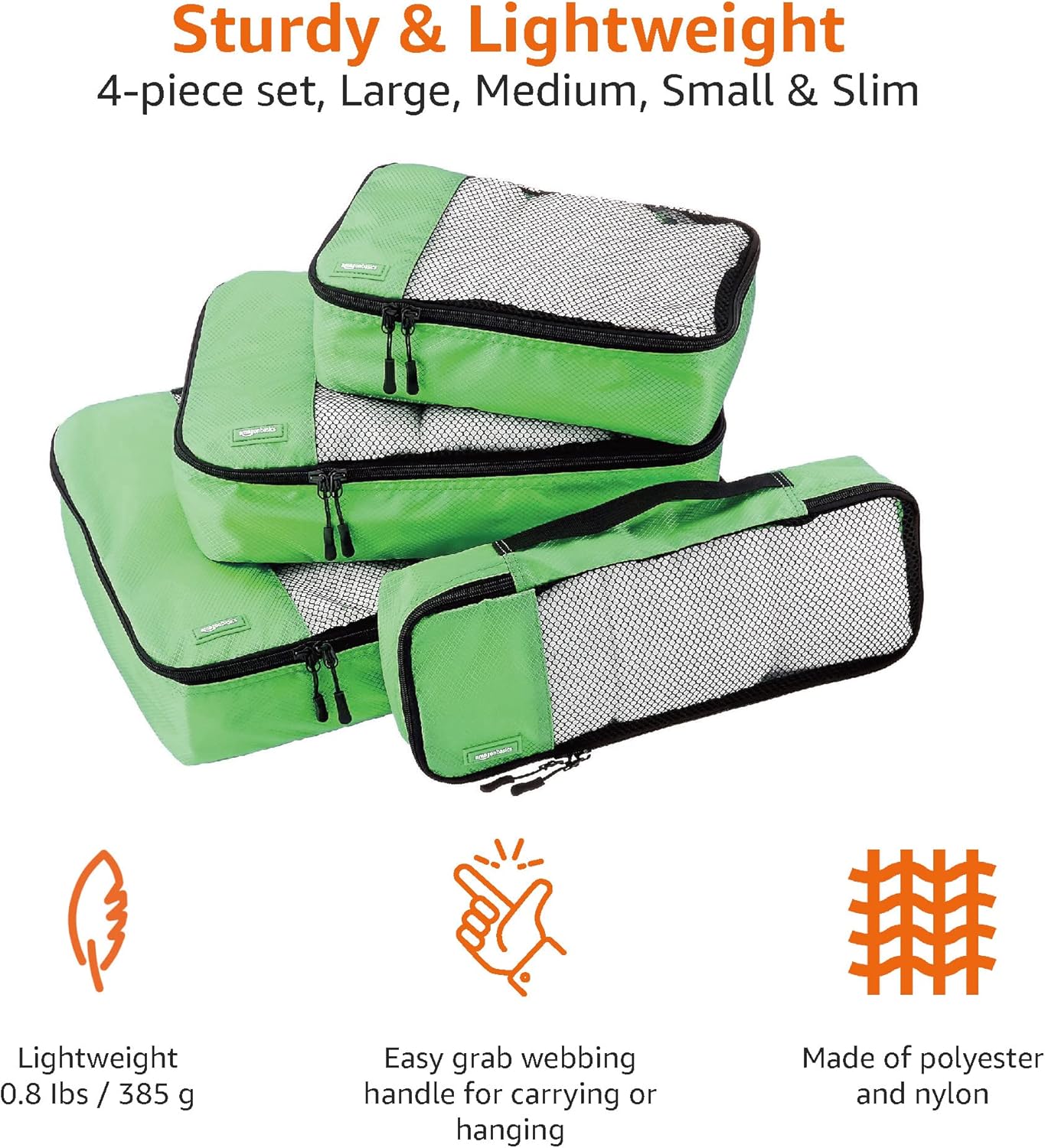 Amazon Basics ZH1509009 Set of 4 Hinged Organizers Cubes, Green, Small, Medium, Large, Slim, green, Set of 4 packing cubes: small, medium, large and thin