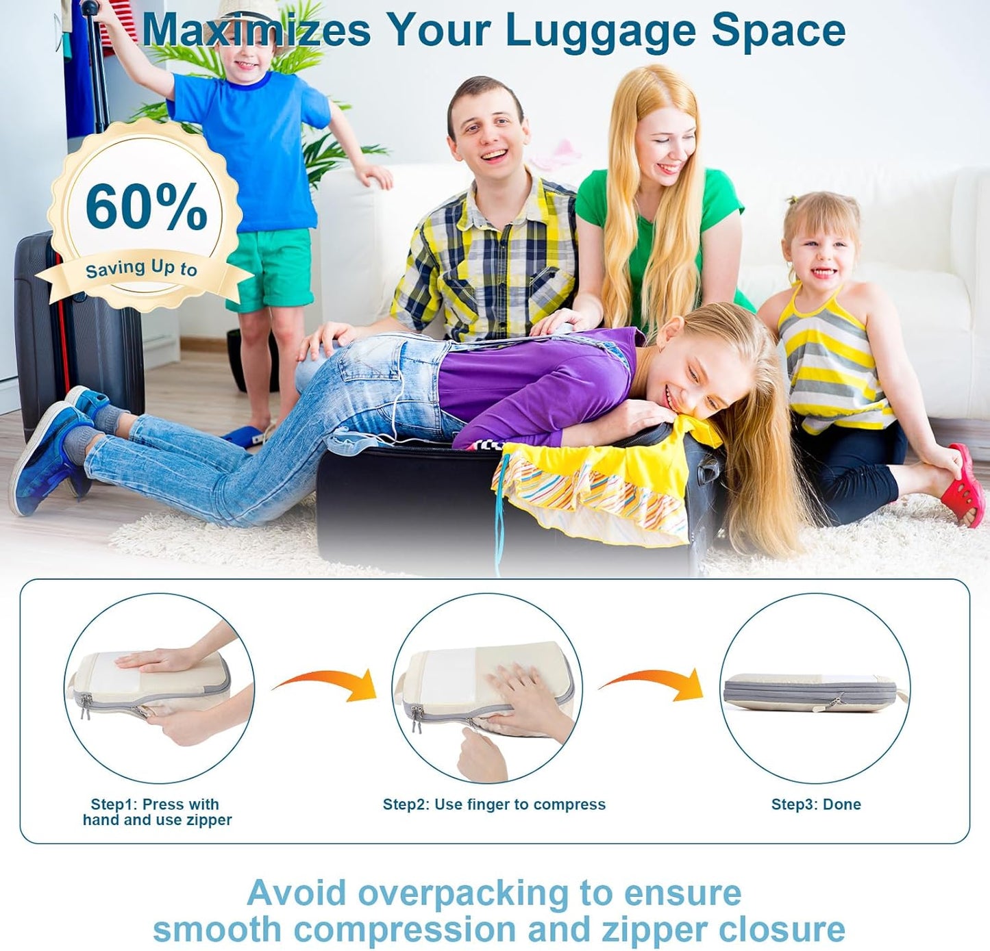 Cozary Suitcase Organizer - Packing Cubes Set with Compression and Waterproof Polyester Fabric, Travel Underwear Set for Backpacks or Hand Luggage, Perfect for Travel and Camping - Beige