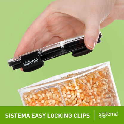 Sistema Ultra 1.73L Rectangle Food Storage Container | Stackable | Airtight Pantry Storage Container with Locking Clips | BPA & Phalate Free | Clear with Black Accents