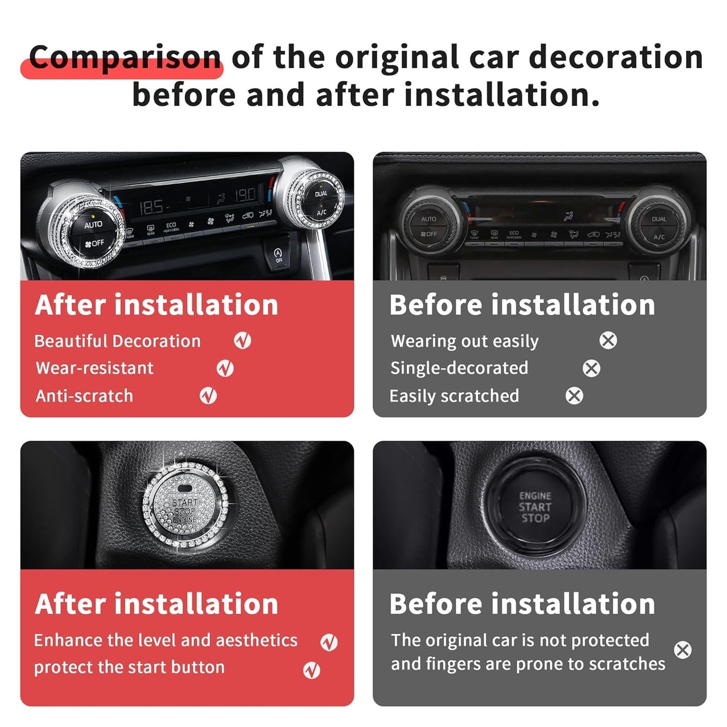 Polodunn Bling Crystal Car Interior Accessories for Toyota Rav4 2025 2024 2023 2022 2021 2020 2019 - Air Conditioner Knob Cover, Push Start Button Trim Rings (4 pcs)