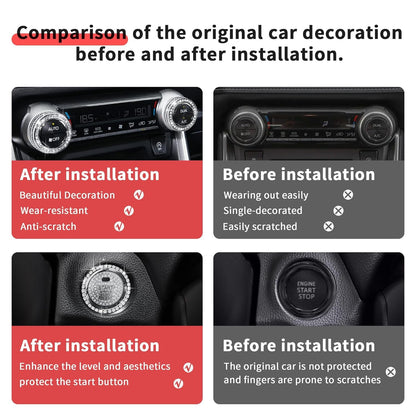 Polodunn Bling Crystal Car Interior Accessories for Toyota Rav4 2025 2024 2023 2022 2021 2020 2019 - Air Conditioner Knob Cover, Push Start Button Trim Rings (4 pcs)