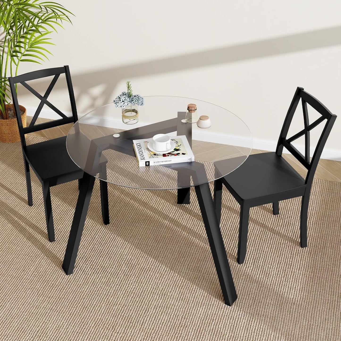 Giantex Round Glass Dining Table for 4 - Small Coffee Table with Rubber Wood Frame, Stable Triangular Structure, 36” Round Breakfast Table, Dinette Table for Living Room, Kitchen Table (Black)
