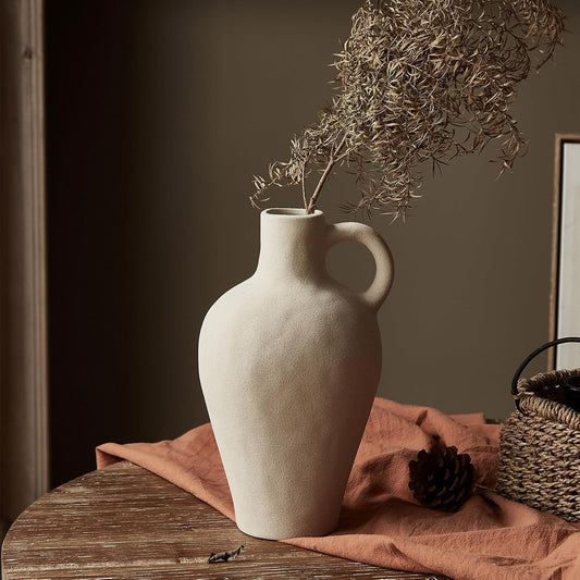 Ceramic Rustic Vase Farmhouse Decor: Beige Pitcher With Handle - Vintage Flower Terracotta Stoneware Jug - Matte Pottery Home Decor for Shelf, Mantel, Centerpiece, Table Decorations