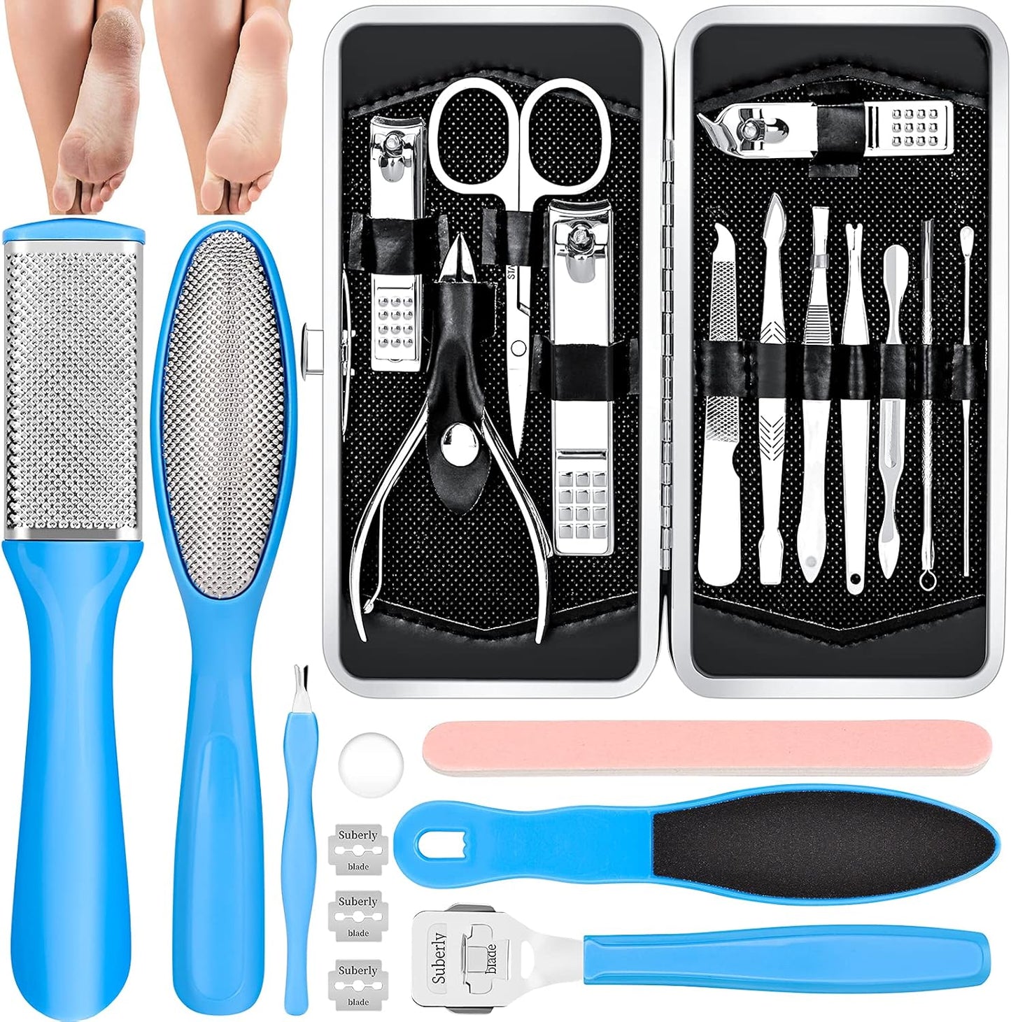 Manicure & Pedicure Kits - 23 in 1 Professional Pedicure Tools Stainless Steel Foot Care and Nail Tools Set, Foot File Foot Rasp Dead Skin Callus Remover Kit for Women Men Home Foot Care, Blue