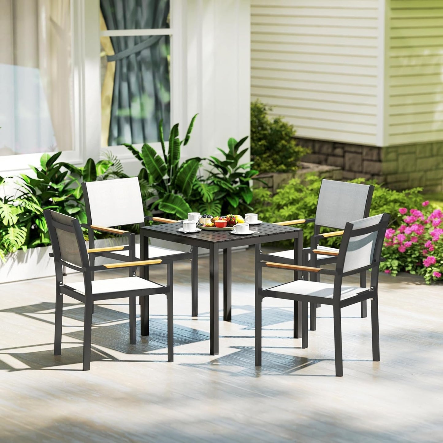 Outsunny 29" Aluminum Outdoor Dining Table for 4, Patio Table with Wood Grain Table Top, for Garden, Lawn, Balcony, Deck, Black