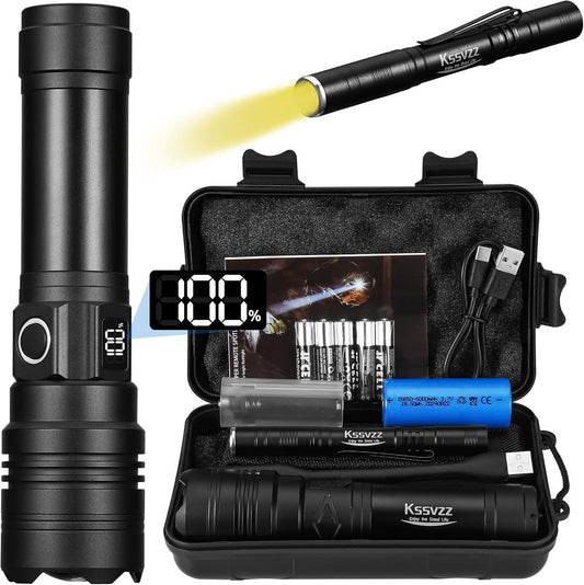 Rechargeable Flashlight 200000 High Lumens, Tactical Led Flashlight with LCD Display, Brightest Flashlight Powerful XHP70.2, Flash Light IPX7 Waterproof for Camping, Hiking, Emergency Gift