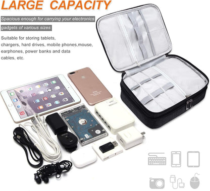 Electronic Bag Travel Cable Accessories Bag Waterproof Double Layer Electronics Organizer Portable Storage Case for Cable, Cord, Charger, Phone, Adapter, Power Bank, Kindle, Hard Drives (Black)