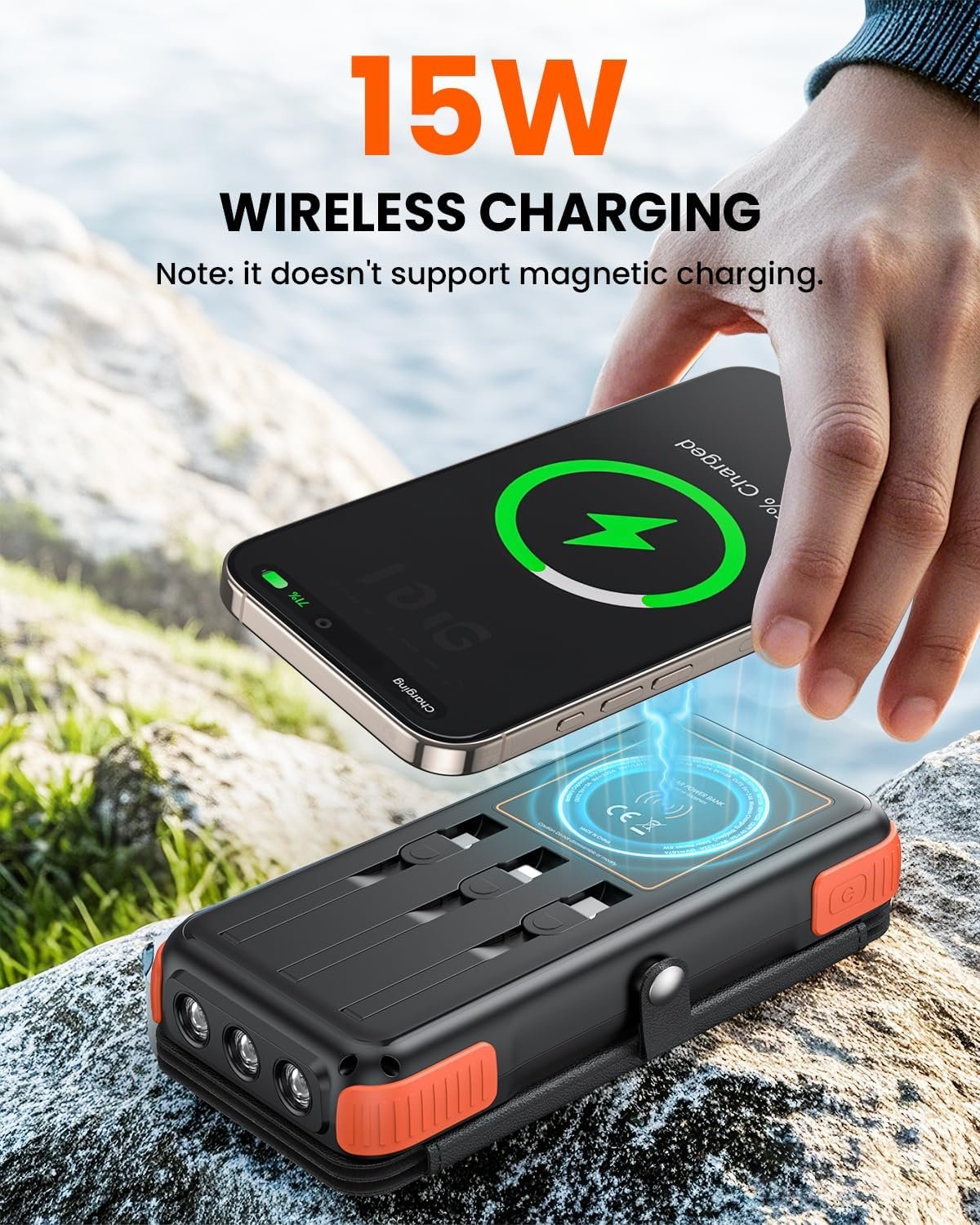 SOARAISE Wireless Solar Power Bank, 25000mAh Solar Charger with Built-in 3 Cables, Dual Outputs, 4 Solar Panels & 3 LED Flashlights Battery Pack for Outdoor Camping
