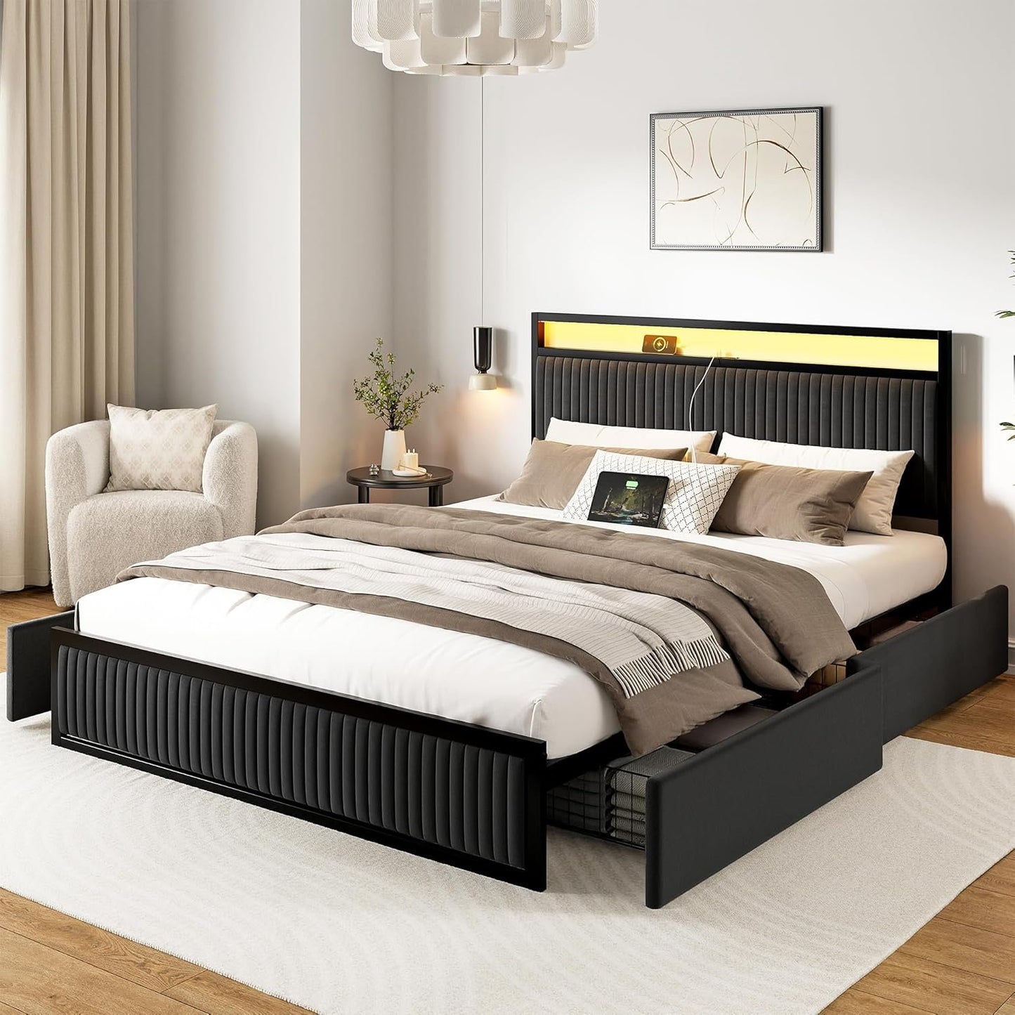 ROLETALENT Full Bed Frame with 4 Storage Drawers and Headboard Upholstered Bed Frame Full Size with Charging Station & LED Velvet Platform Bed Frame Metal Support No Box Spring Needed Dark Grey