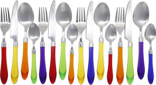 The Original Brink House Rainbow Mix & Match Stainless Steel Cutlery Set with Translucent Handles / 16 pieces with Metal Stand/Lifestyle utensils set for home, first apartment, dorm, outdoor events