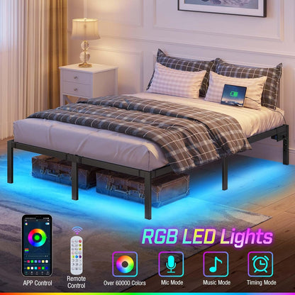 Rolanstar Bed Frame with USB Charging Station, Queen Bed Frame with LED Lights, Platform Bed Frame with Heavy Duty Steel Slats, 14" Storage Space Beneath Bed, No Box Spring Needed, Noise Free, Black