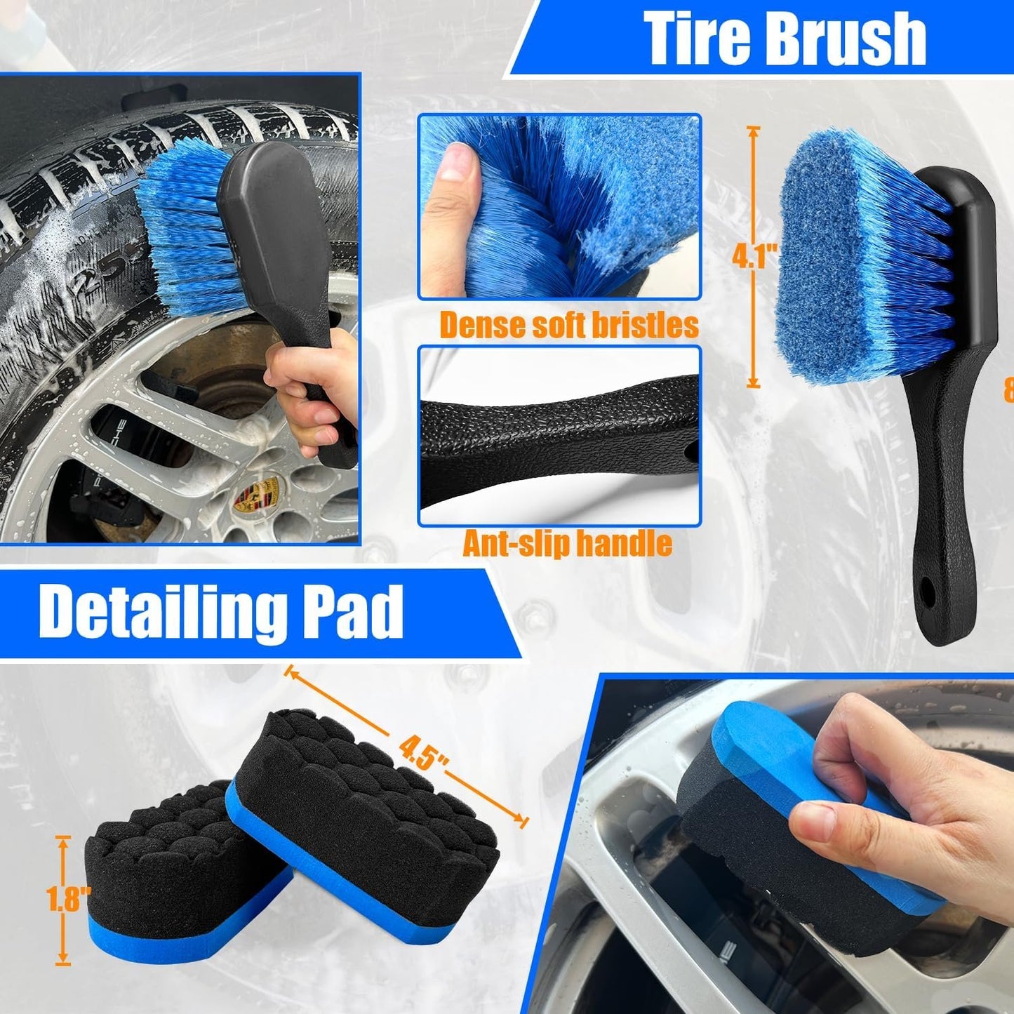 Wheel Brush Kit, Soft Drill Wheel Cleaner Brush, Tire Brush, Detailing Brush, and Detailing Pads, No Scratches Car Wheel Cleaning Kit for Wheels, Tires, Rims, Engines, Exhaust(Blue+White, 6 Pk)