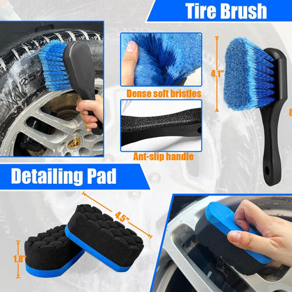 Wheel Brush Kit, Soft Drill Wheel Cleaner Brush, Tire Brush, Detailing Brush, and Detailing Pads, No Scratches Car Wheel Cleaning Kit for Wheels, Tires, Rims, Engines, Exhaust(Blue+White, 6 Pk)