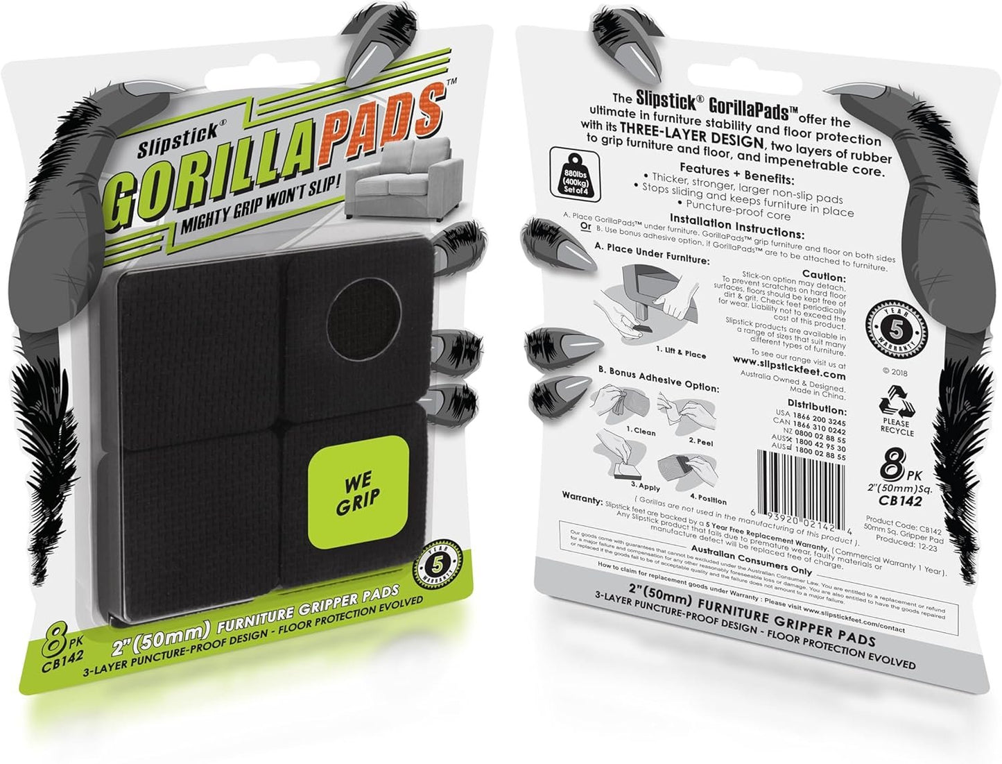 Slipstick GorillaPads CB142 50mm Non-Slip Furniture Pads/Grippers (Set of 8) Furniture Leg Floor Protectors, 2 Inch Square, Black