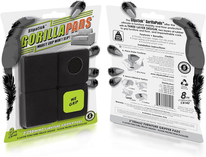 Slipstick GorillaPads CB142 50mm Non-Slip Furniture Pads/Grippers (Set of 8) Furniture Leg Floor Protectors, 2 Inch Square, Black