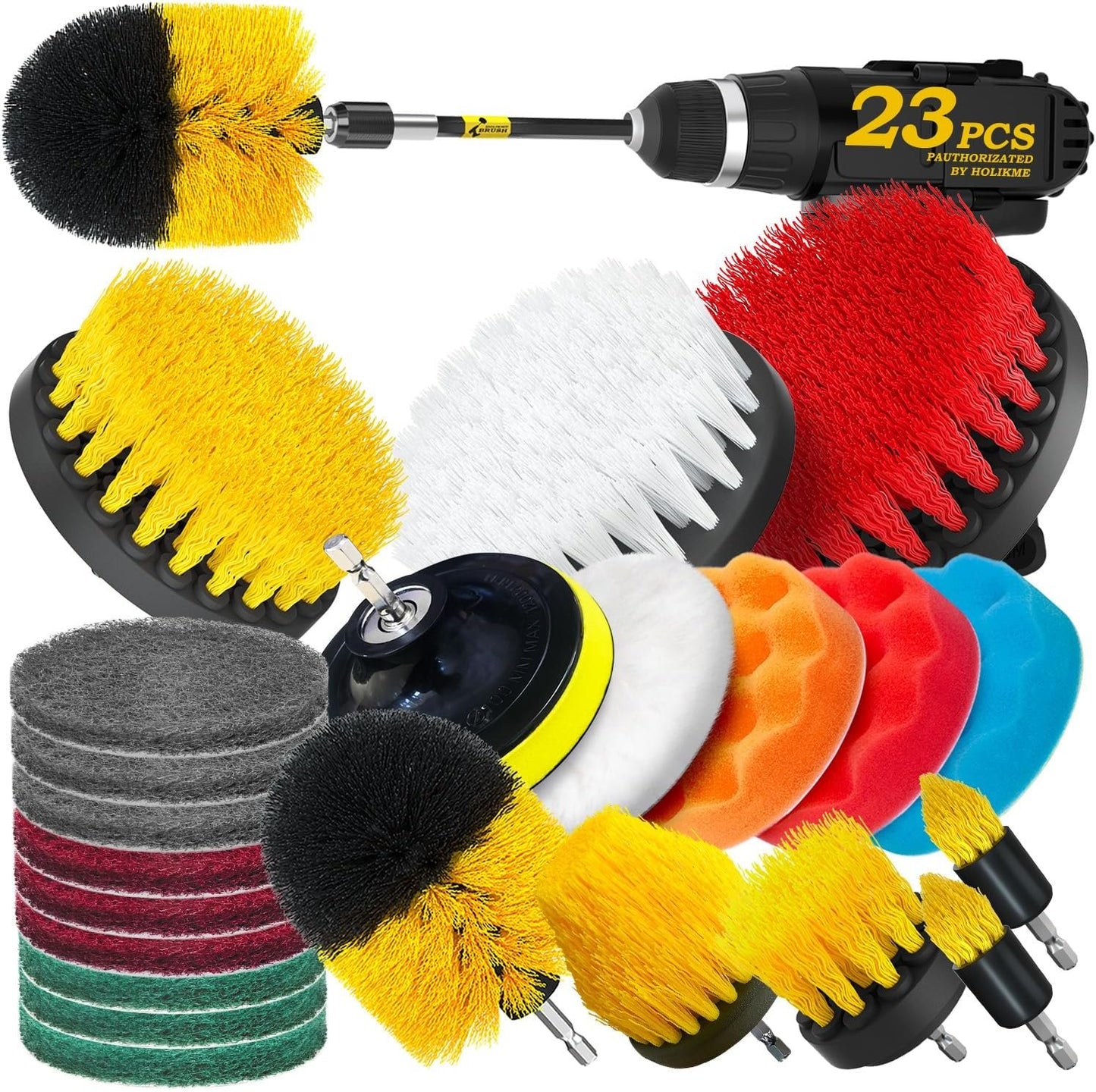 Holikme 23Pack Drill Brush Attachments Set, Scrub Pads & Sponge, Buffing Pads, Power Scrubber Brush with Extend Long Attachment, Car Polishing Pad Kit,Cleaning Supplies，Masonry Brushes,Scratch Brushes