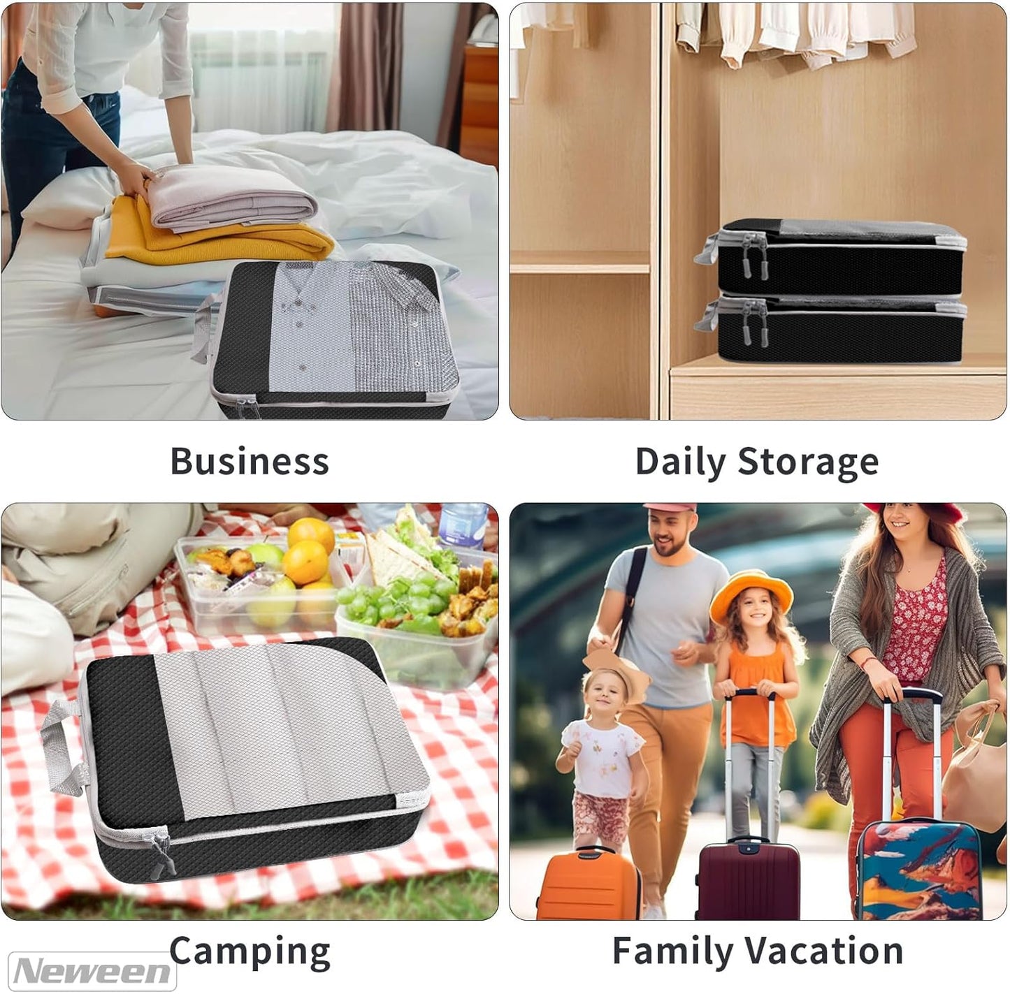 Neween Compression Packing Cubes for Carry On Suitcases, 6 Set Extensible Compression Packing Cubes for Travel Compression Bags for Packing Organisers Expandable Travel Suitcase Accessories (Black)
