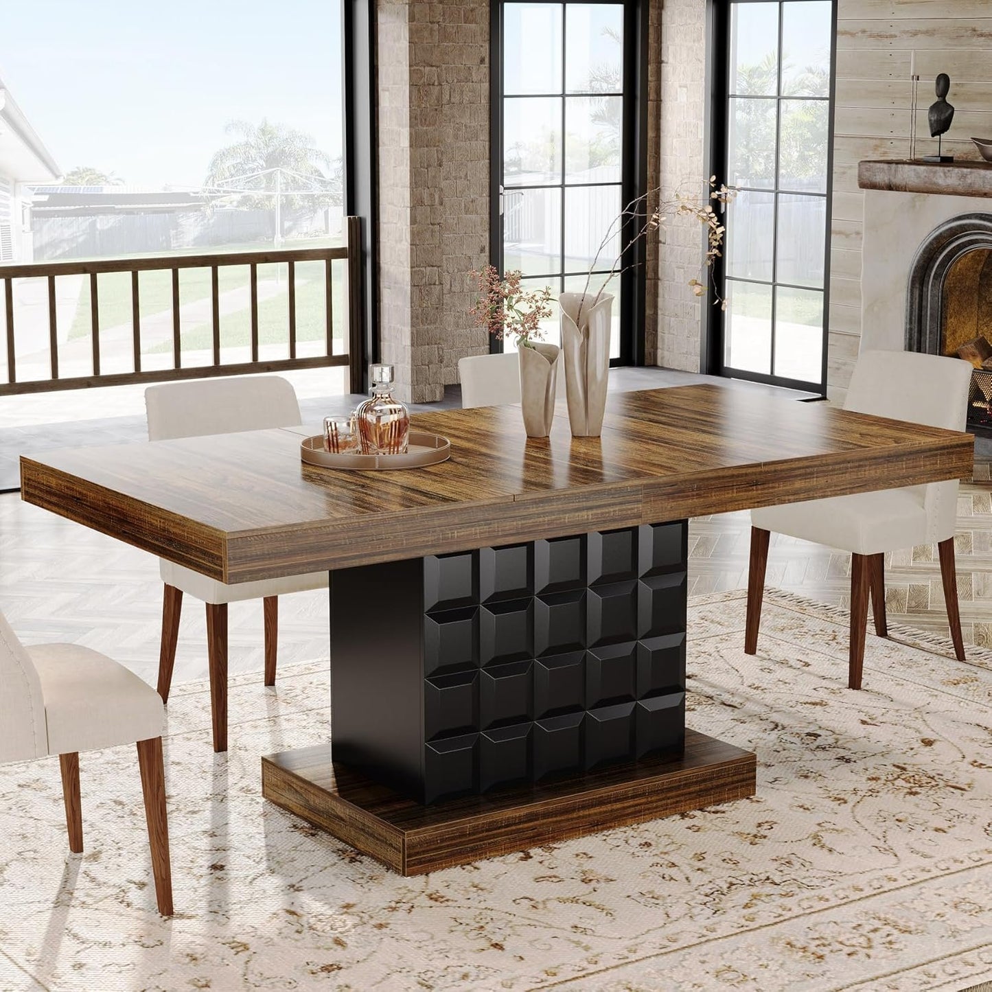 Tribesigns 63'' Dining Table for 4-6, Farmhouse Wooden Rectangular Dinner Table with Geometric Relief, Pedestal Base (Brown and Black)