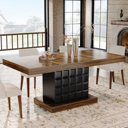Tribesigns 63'' Dining Table for 4-6, Farmhouse Wooden Rectangular Dinner Table with Geometric Relief, Pedestal Base (Brown and Black)