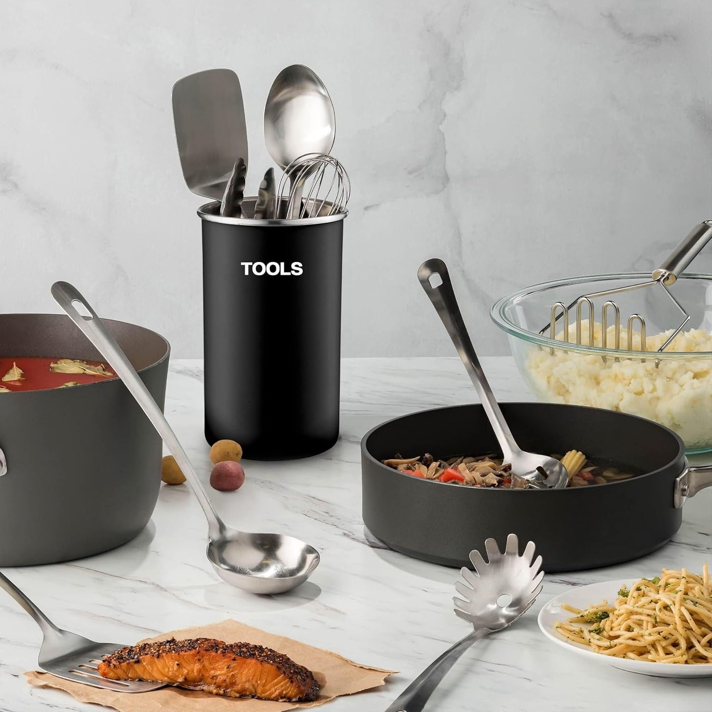 Kitchen Utensil Set - 10 Pieces Stainless Steel Kitchen Utensils with Spoons, Whisk, Spatula, Tongs, Ladle, Potato Masher and Kitchen Utensil Holder, Kitchen Accessories, Gadgets and