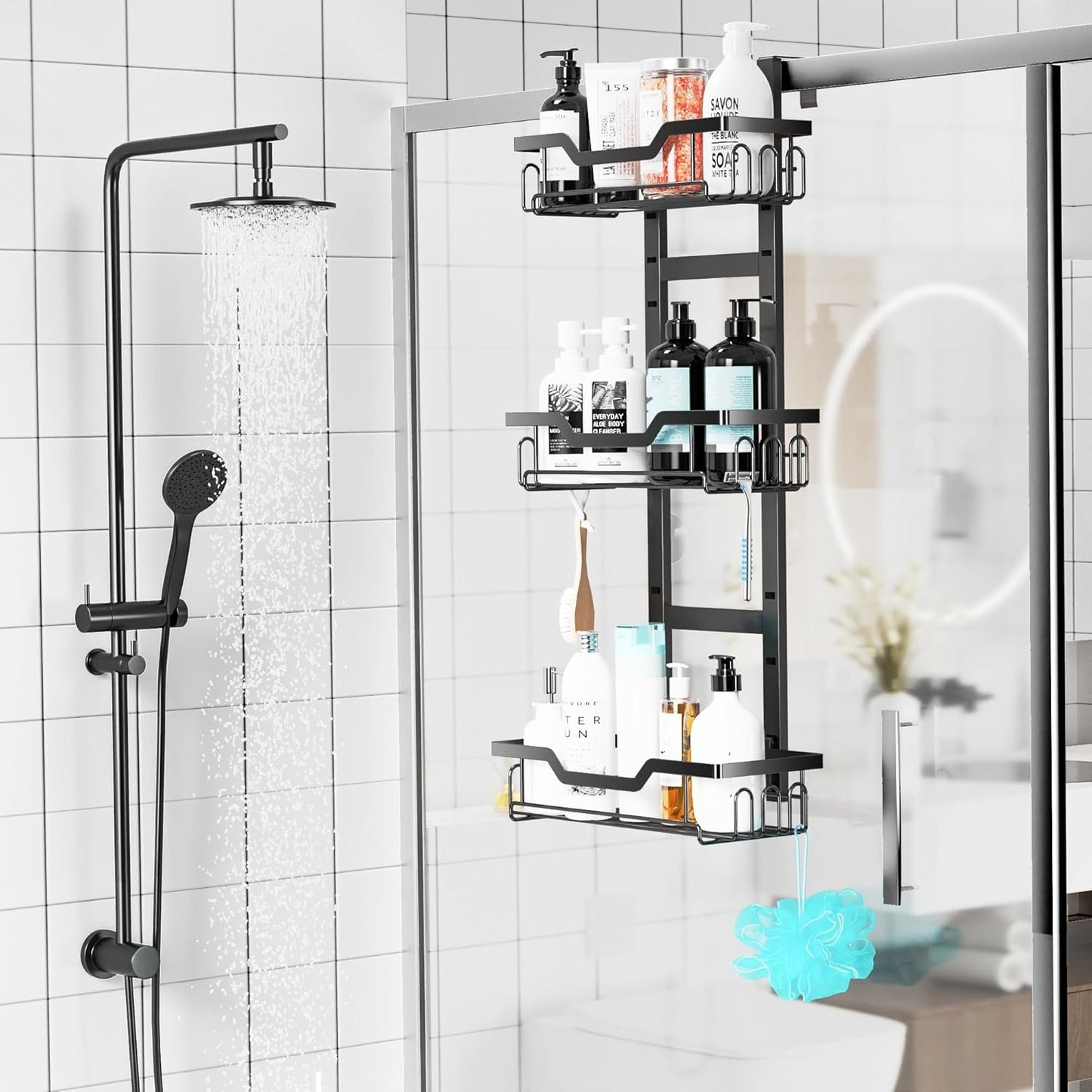 Moforoco Over The Door Shower Caddy, Hanging Shower Organizer Storage, 3-Tier Black Over The Door Pantry Organizer for Inside Shower, Home & Kitchen Organization