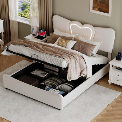 Upholstered Bed 140 x 200 cm with Cassette, LED Heart Headboard and USB Charging Function, Double Bed with Hydraulic Space, Slatted Frame, Beige, Velvet, Without