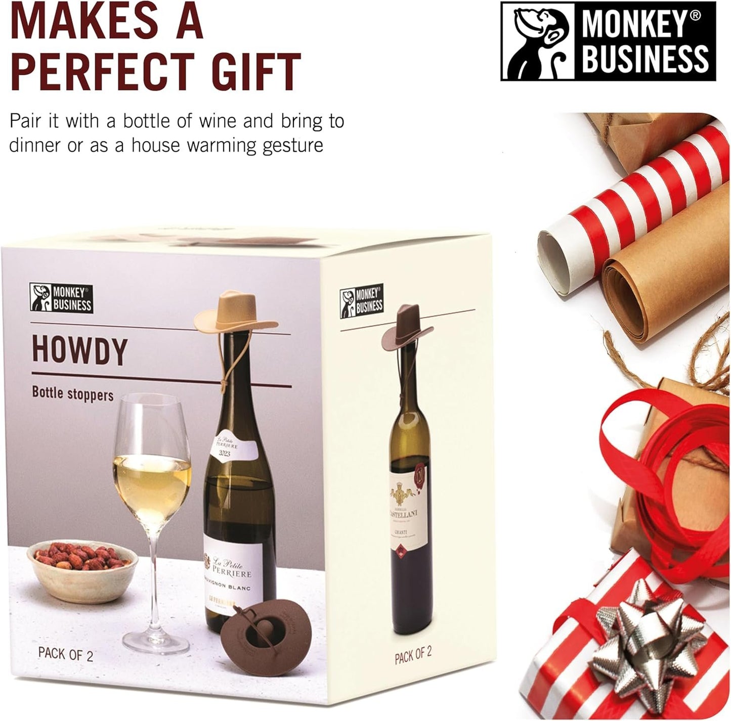 Monkey Business Silicone Wine Stoppers, Funny Cowboy Hat Stoppers, Seal Bottle and Keep Wine Fresh, Cute Wine Accessories, Kitchen Gadgets Pack