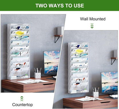 Solinxe Hanging Wall File Holder Organizer 10 Tier, Mesh Wall Mounted Magazine Document Paper Rack, Desk Organizer for Office Home Classroom Organization, White