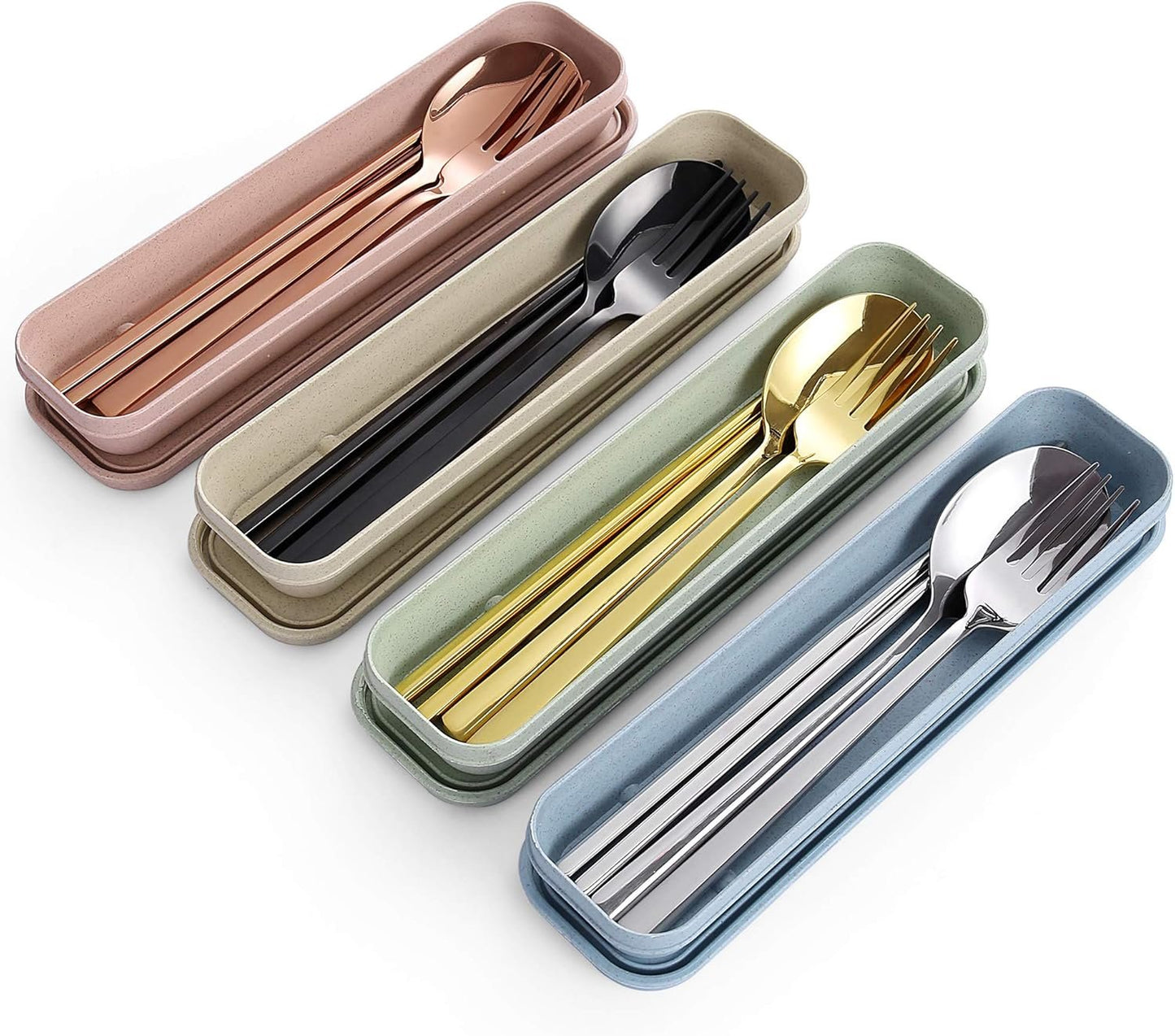 Sunwinc 3 Pcs Camping Silverware,Stainless Steel Travel Outdoor Flatware Set Chopsticks Spoon Fork/Portable Travel Work Utensils Cutlery Set with a Wheat Straw Case
