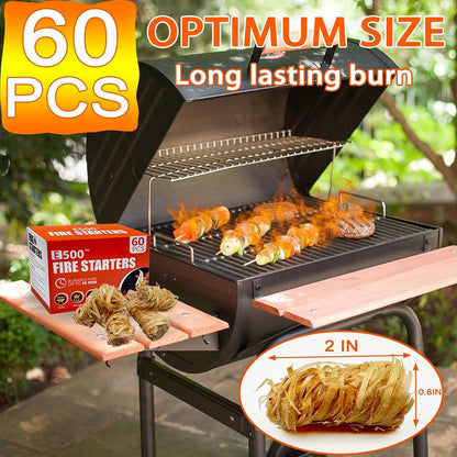 E500 Fire Starter - Natural Fire Starters for Fireplace, Campfires, Chimney, BBQ, Fire Pit & Wood Fireplace - 60 Pack Odorless Pine Firestarter, Charcoal Starter for Grill