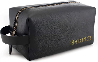Lara Laser Works Toiletry Bag for Men, Genuine Leather Toiletry Bag w/Initials & Names, Black, Large