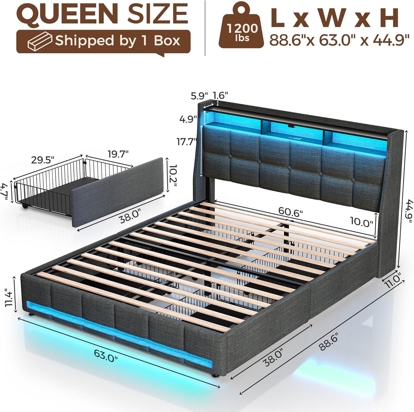 Rolanstar Queen Bed Frame with 4 Storage Drawers, Charging Station and LED Lights, Upholstered Platform Bed Storage Headboard, Heavy Duty Wooden Slats, No Box Spring Needed, Noise Free, Easy Assembly