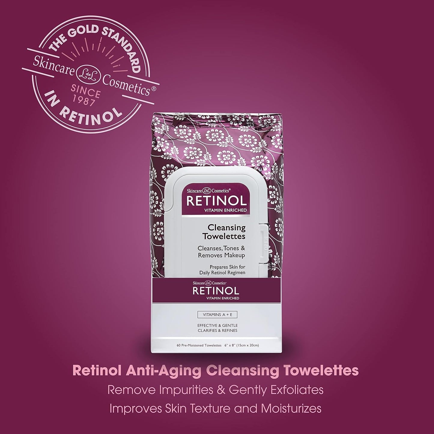 Retinol Anti-Aging Cleansing Towelettes – All-in-One Cleanser, Toner & Makeup Remover in a Convenient Pre-Moistened Wipe – On-The-Go Exfoliating, Toning & Hydrating Leaves Skin Clean, Fresh & Refined