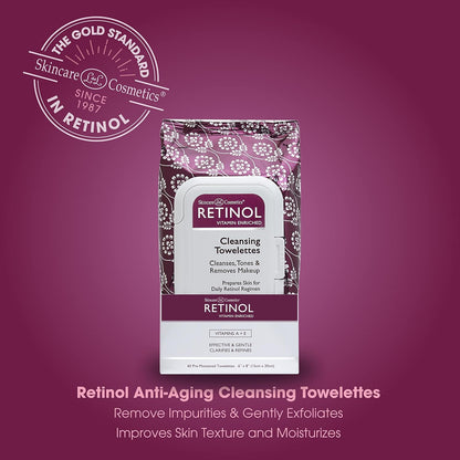 Retinol Anti-Aging Cleansing Towelettes – All-in-One Cleanser, Toner & Makeup Remover in a Convenient Pre-Moistened Wipe – On-The-Go Exfoliating, Toning & Hydrating Leaves Skin Clean, Fresh & Refined
