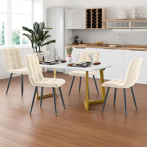 Cayipng 117 x 68 cm 5-Piece Dining Table Set with 4 Velvet Upholstered Chairs, Rectangular Kitchen Tables w/ Gloden Legs, Metal Frame & Marble Tabletop, Beige