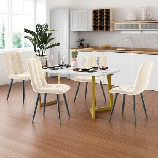 Cayipng 117 x 68 cm 5-Piece Dining Table Set with 4 Velvet Upholstered Chairs, Rectangular Kitchen Tables w/ Gloden Legs, Metal Frame & Marble Tabletop, Beige