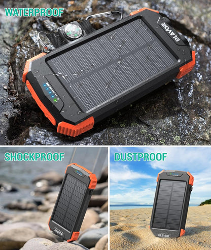 Solar Power Bank, Qi Portable Charger 10,000mAh External Battery Pack Type C Input Port Dual Flashlight, Compass (IPX4 Splashproof, Dustproof, Shockproof, Solar Panel Charging, DC5V/2.1A Input)