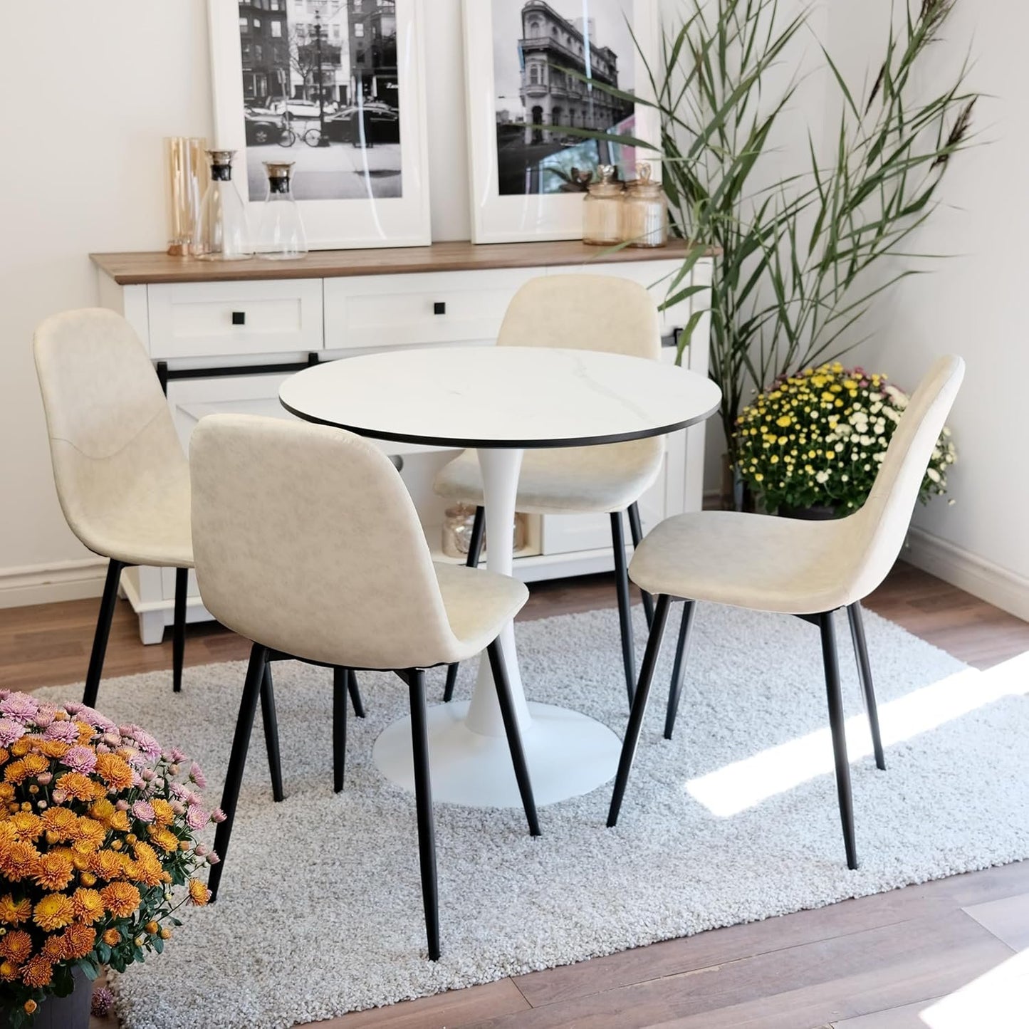 Inspirer Studio Dining Table Set for 4 - Tuilp Table with 4 Upholstered Dining Chairs (Matt Cream)