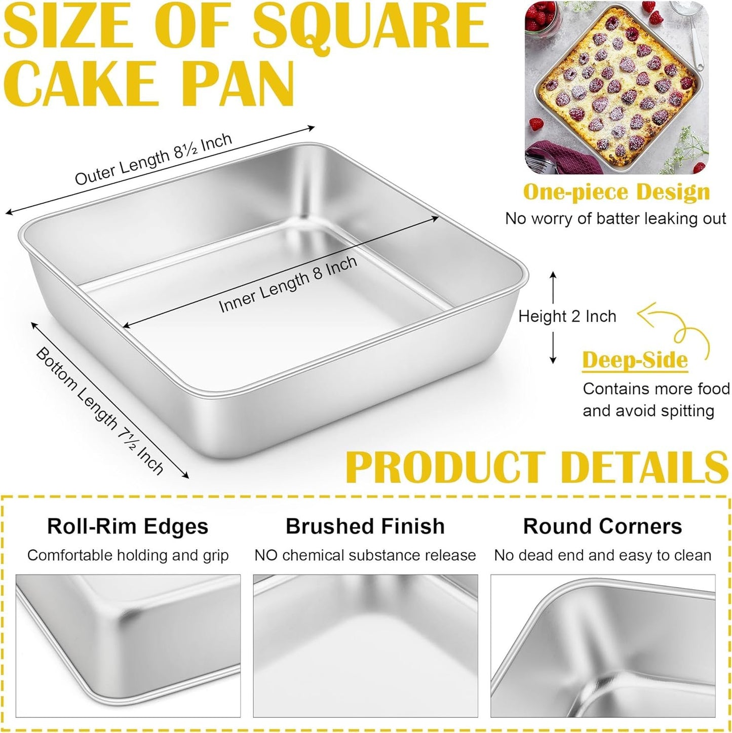 E-far 8x8 Inch Square Cake Pan, Stainless Steel Baking Pan for Lasagna Brownies Casseroles, Silver Square Bakeware for Oven Cooking, Non-Toxic & Rust Free, Dishwasher Safe, 2 Inch deep