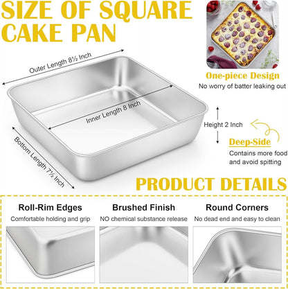 E-far 8x8 Inch Square Cake Pan, Stainless Steel Baking Pan for Lasagna Brownies Casseroles, Silver Square Bakeware for Oven Cooking, Non-Toxic & Rust Free, Dishwasher Safe, 2 Inch deep