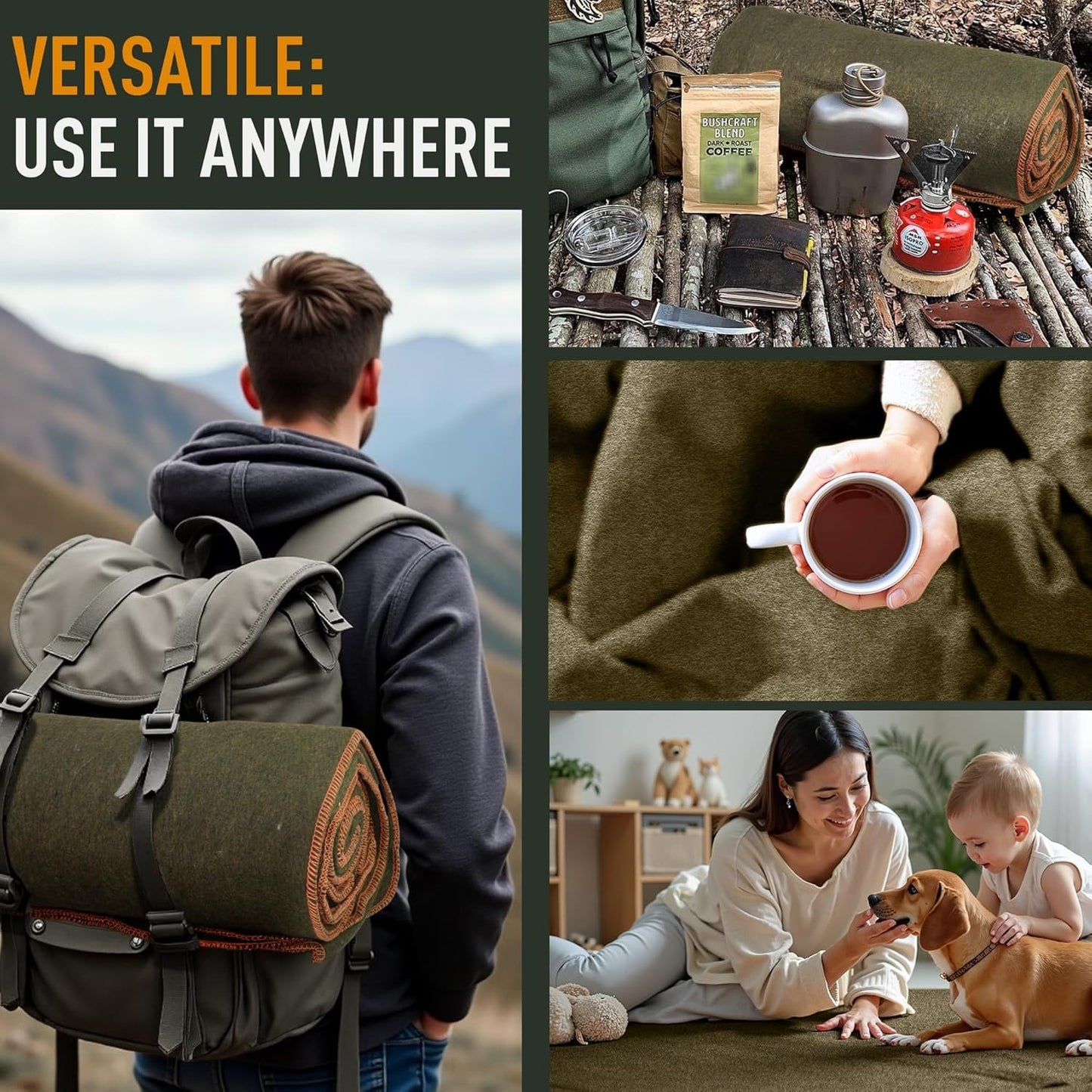 Knit Outdoor Large Military Wool Blanket - Warm & Thick Emergency Survival Blanket Great for Camping, Outdoors, Sports Events, Picnics, 4.5 lbs, 64" x 88" (Olive Green)