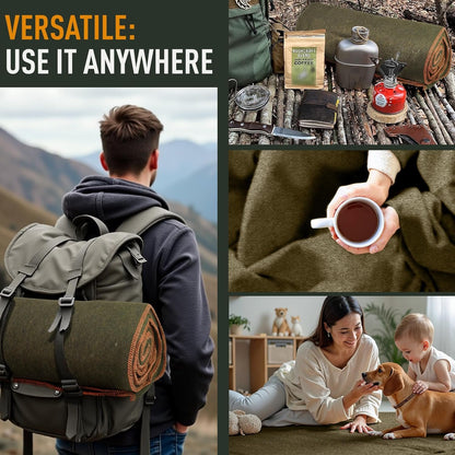 Knit Outdoor Large Military Wool Blanket - Warm & Thick Emergency Survival Blanket Great for Camping, Outdoors, Sports Events, Picnics, 4.5 lbs, 64" x 88" (Olive Green)