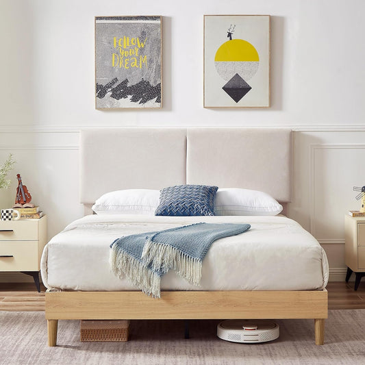 VECELO Full Bed Frame Upholstered Platform Beds with Height-Adjustable Cotton and Linen Headboard, Heavy Duty Wood Slats, 6" Under-Bed Space, Noise-Free, No Box Spring Needed,Easy Assembly