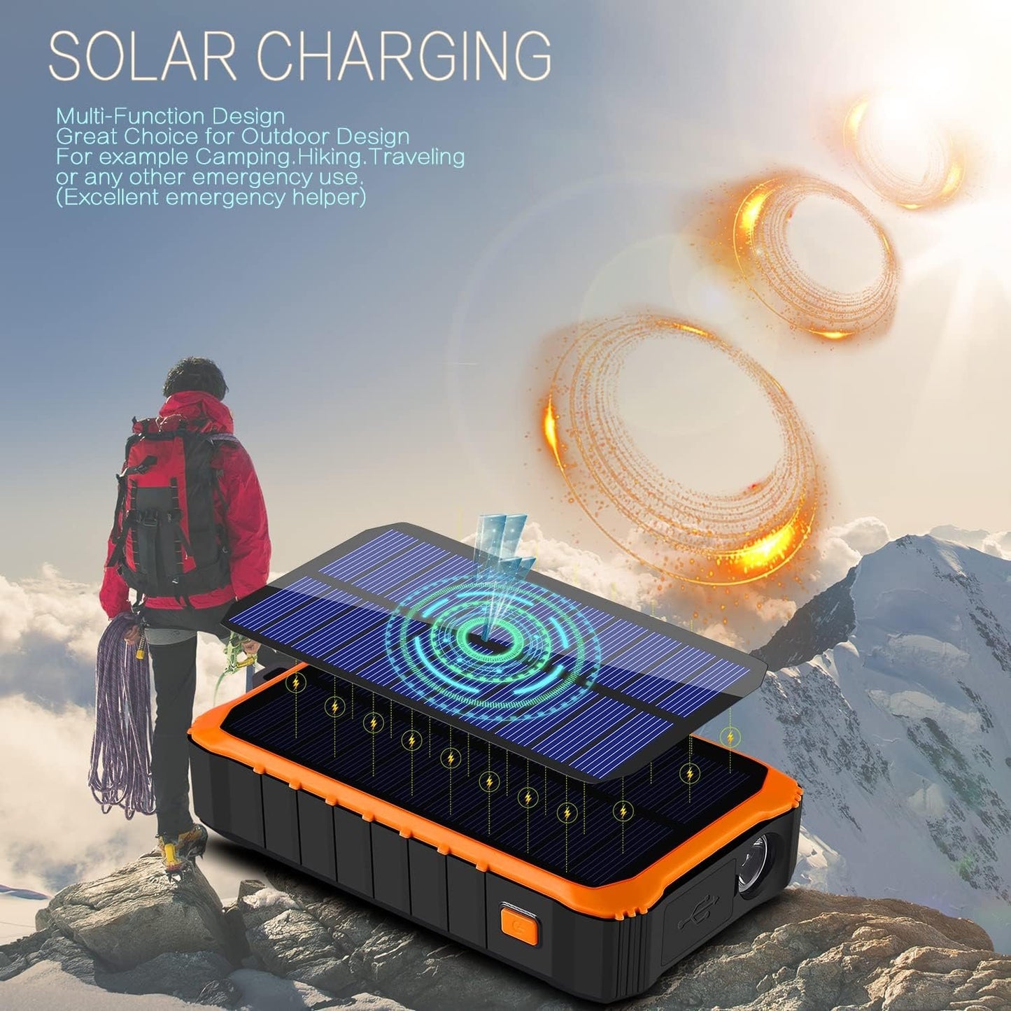 Solar Charger Power Bank Camping Gear Solar Chargers for Cell Phone and Electronic Devices Portable Outdoor Activities (14.5x8x3.5CM(5.7x3.14x1.37IN), Orange)