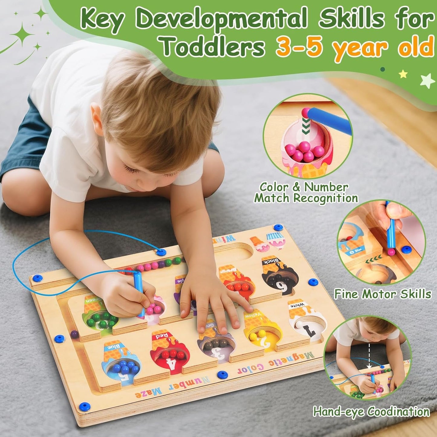 2 in 1 Double Side Magnetic Color Number Alphabet Maze Board, Montessori Toys 1-3 3-5 Year Old, Wood Educational Puzzle Learning Counting Matching Toy, Gifts for Toddler Kid Girls Boys 3 4 5