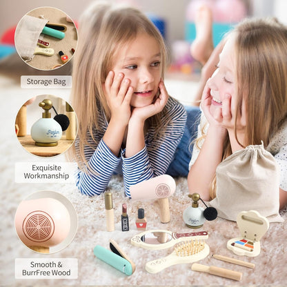 IEATFO Kids Makeup Kit for Girl, Wooden Makeup Toy Set for Toddlers, Pretend Wood Beauty Salon Toys Set for Kid Children Princess, Christmas Birthday Gift Toy for 3 4 5 6 7 8 9 10 Year Old