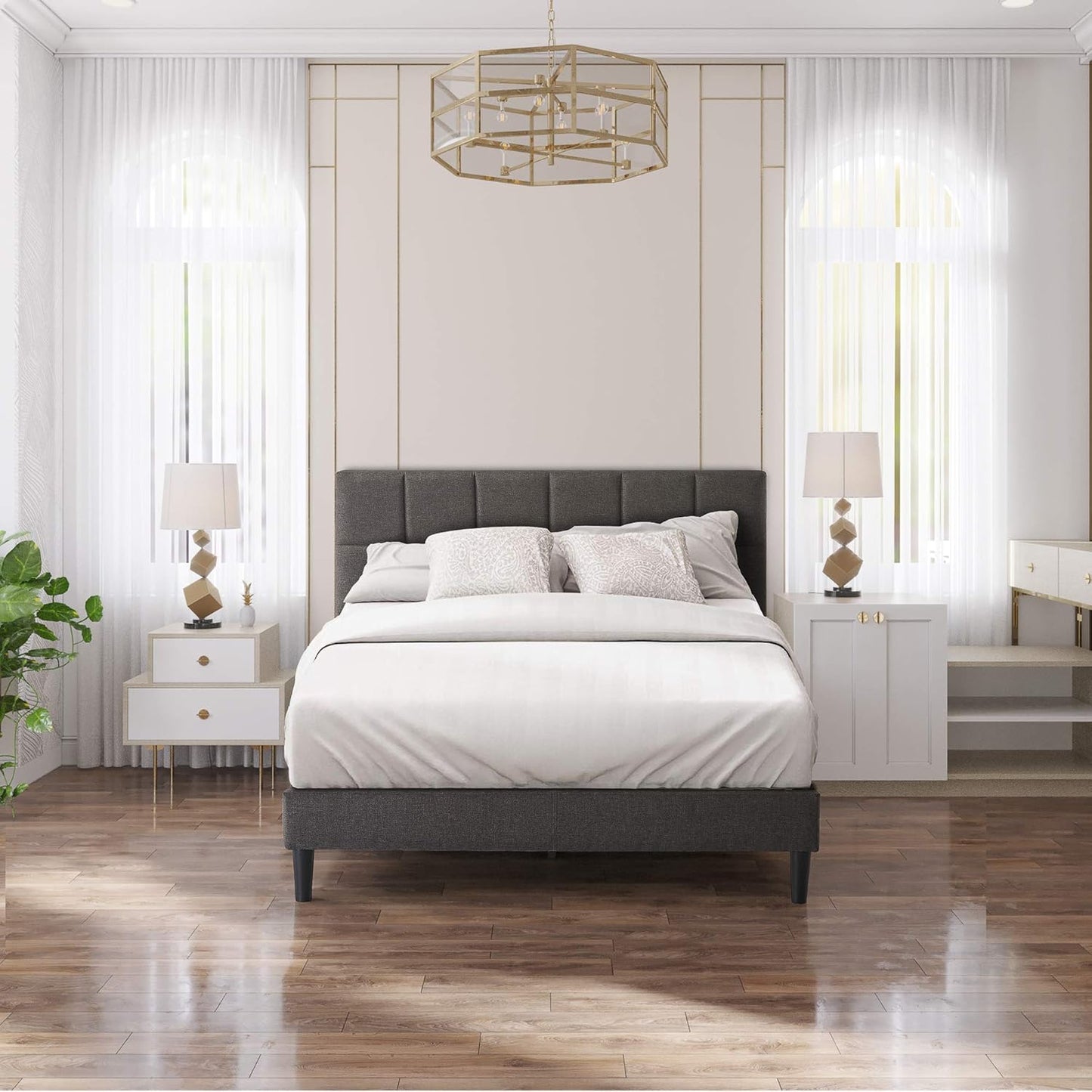 Zinus Lottie Double Bed Frame Platform /y/Classic Square Stitched Fabric Beds/Solid Wood Slats/Bedroom Furniture