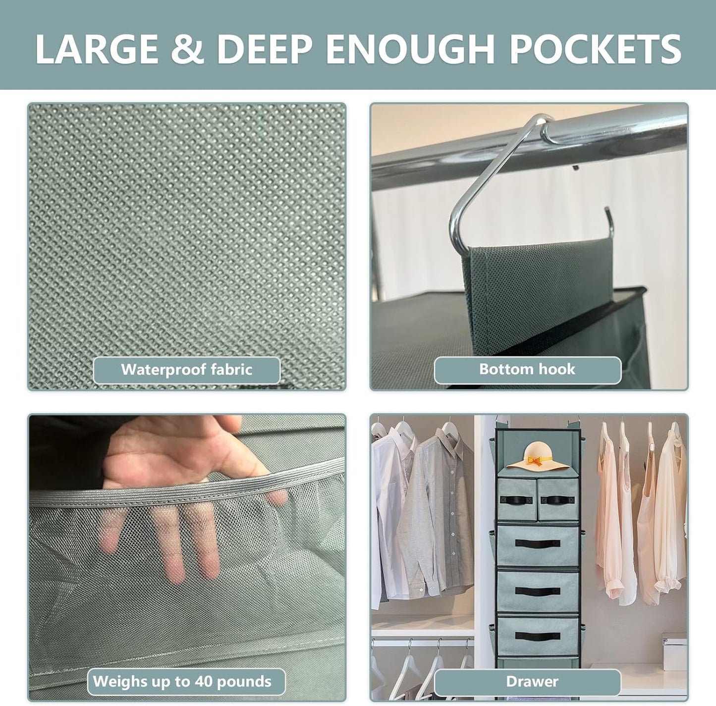 VERONLY 7-Shelf Hanging Closet Organizer with 5 Different Drawers, Hanging Closet Shelves Storage and 8 Mesh Pockets, Closet Organization and Storage for Wardrobe, Underwear, Livingroom, Dorm (Grey)