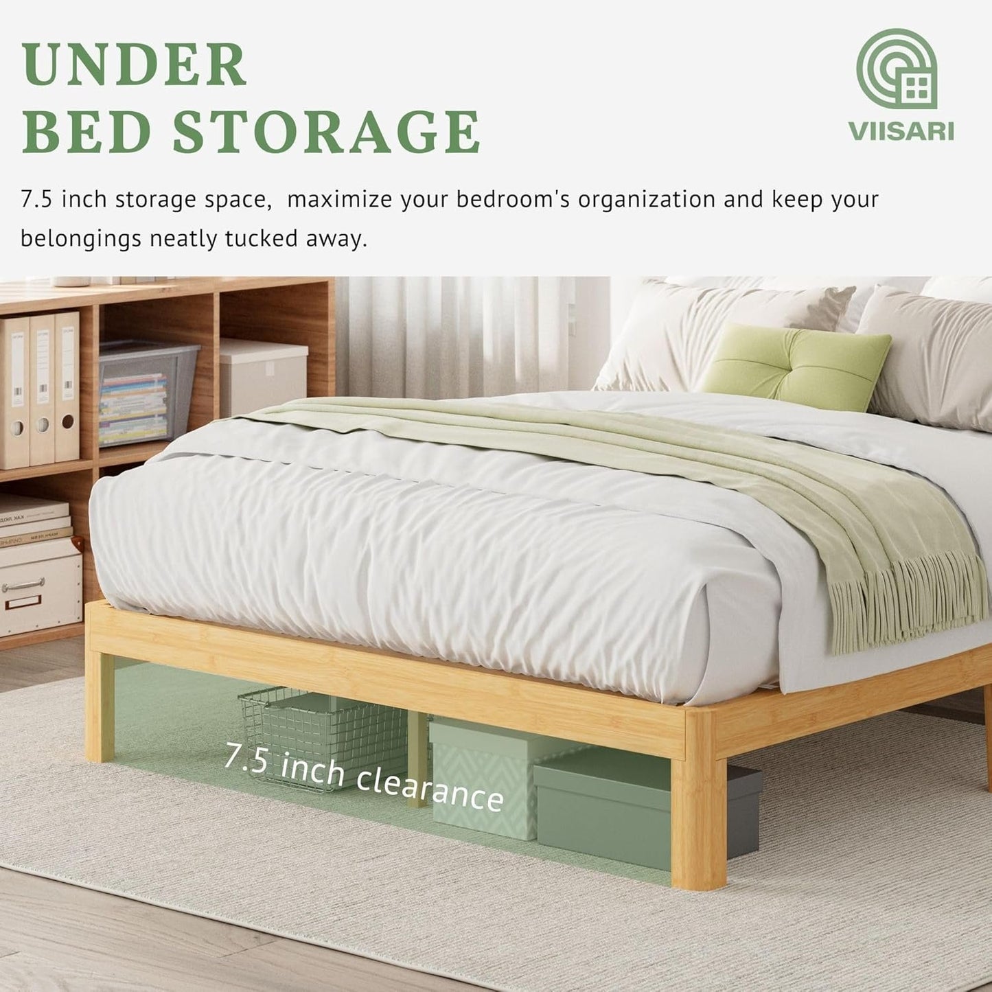 Viisari Bamboo Wood Twin Bed Frame No Box Spring Needed, 10 Inch Twin Platform Bed Frame with Steel Slats, Solid Foundation, Easy to Assembled, Noise-Free