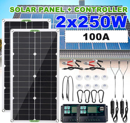 2Pcs 250W/500W Solar Panel Kit 12V USB with 100A Controller Flexible Monocrystalline Solar Power System Charger for Car RV Boat Battery Charger